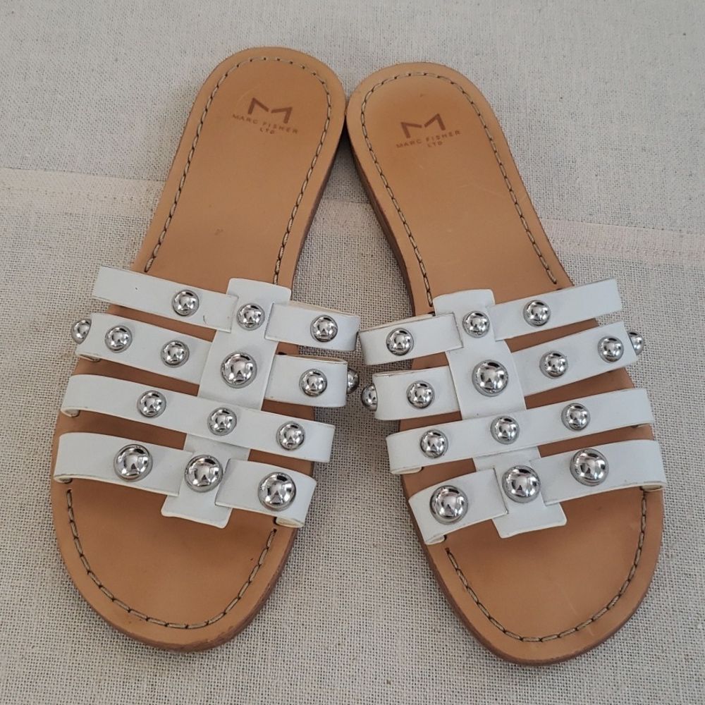 Marc Fisher White Studded Leather Slide Sandals